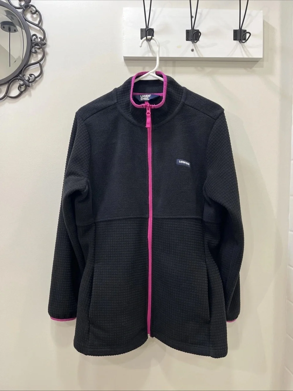 Lands' End Black Fleece Jacket with Pink Trim